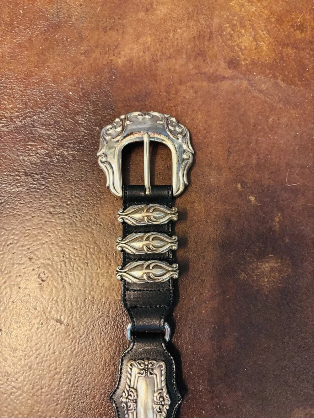 Black Leather Western Concho Belt with Silver Accents